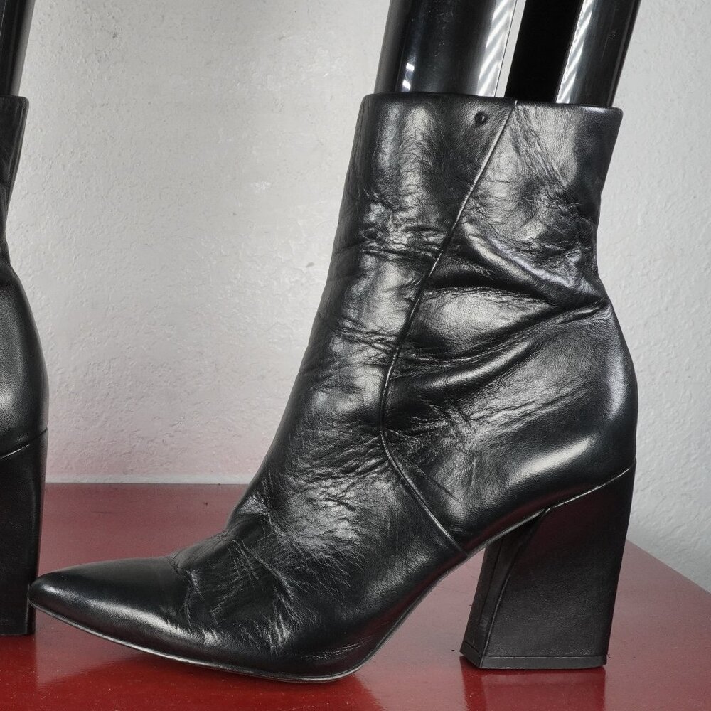 Women's Franco Sarto Black Leather Ankle High Wedge Fashion Boots Booties 6